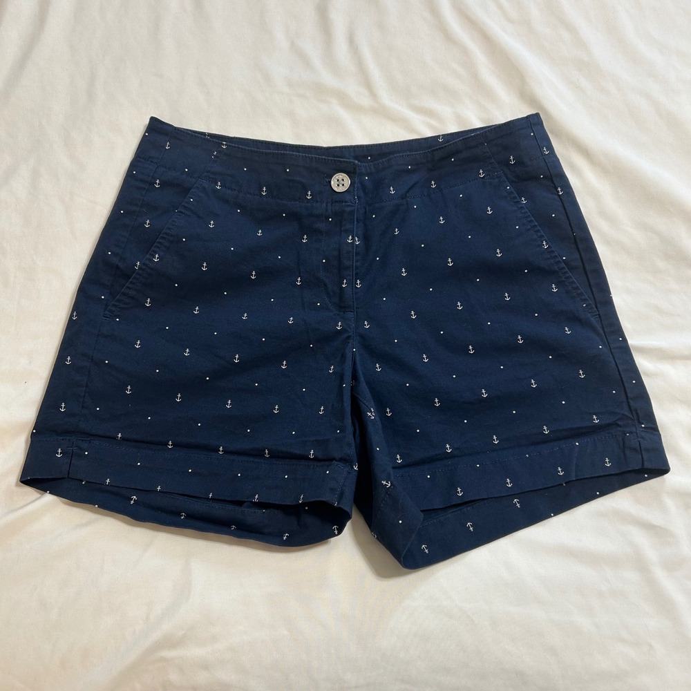 Nautica Womens Navy Blue Anchor Print Chino Shorts Size 4 Nautical Cotton